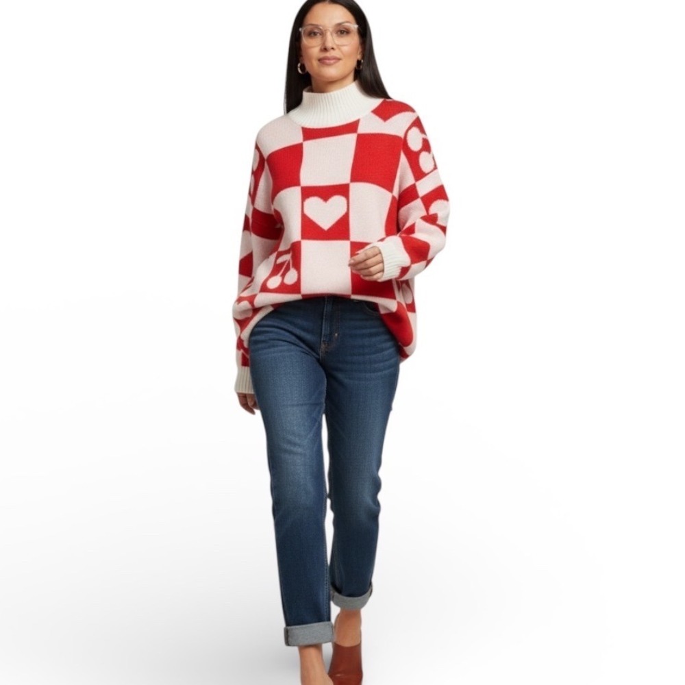 Red White Checkered‎ Sweater Heart Cherry Size S/M
